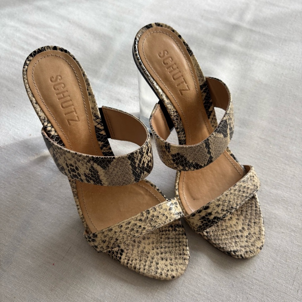 SCHUTZ Snake Print Clear Block Heel Sandals - Beige Black - Picture 2 of 8